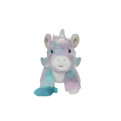Rainbow plush unicorn toy with carrot
