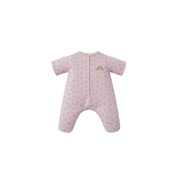 Lilac sweetheart print one-piece pajamas for a Dinkum Doll with short sleeves and a rainbow detail by Dinkum Dolls by Olli Ella