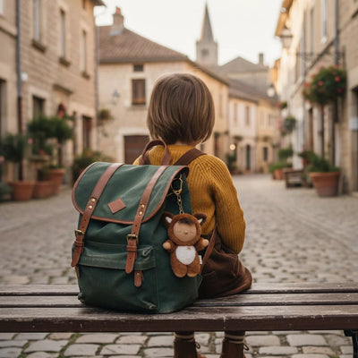Child seated on a bench with a green backpack and a small plush fox bag charm clipped to the side on a charming cobblestone street