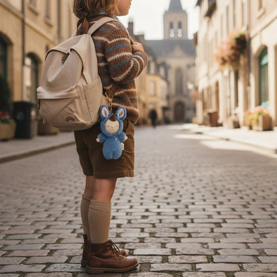 Child wearing a backpack with a blue plush bunny bag charm attached while standing on a sunlit cobblestone street with the Key Chain accessory in view