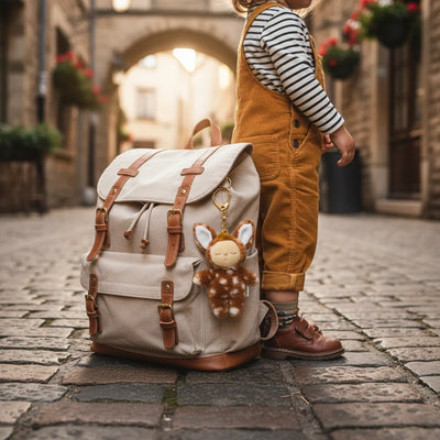 Child in a brown outfit beside a canvas backpack with a plush Fawny Lala fawn bag charm clipped to the front pocket on a cobblestone street