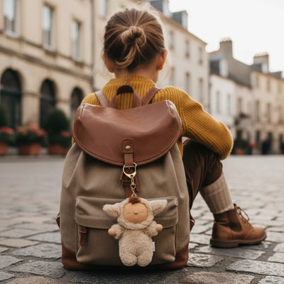 Soft lamb key chain bag charm clipped to a taupe backpack worn by a child on a cobbled city street
