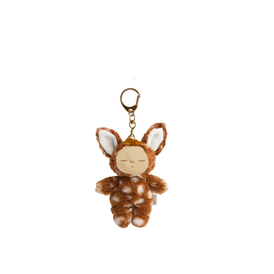 Plush fawn bag charm with soft brown spotted fur sleepy face and gold clip for attaching to keys backpacks belts or bags
