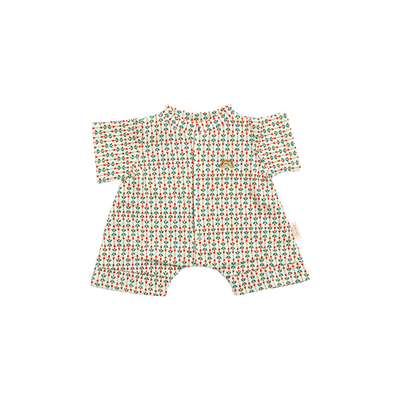 Cream short-sleeved doll romper with a small red and green sprig print, a front placket, short legs, and a small gold embroidered rainbow on the chest.