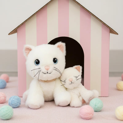 Dinkum Pets white plush cat toys sitting together in a pink striped playhouse surrounded by colourful yarn balls for imaginative play
