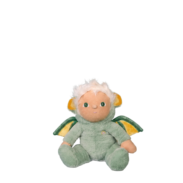 Plush toy resembling a dragon with green and yellow colors on a white background