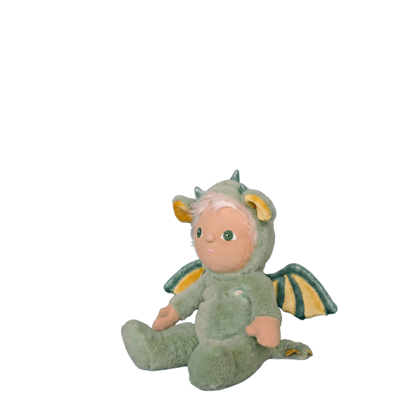 Plush toy dragon with a baby face on a white background