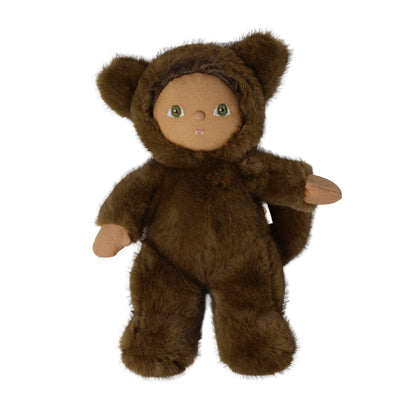 A brown plush teddy bear doll wearing a furry animal hood with small ears, standing against a plain white background.