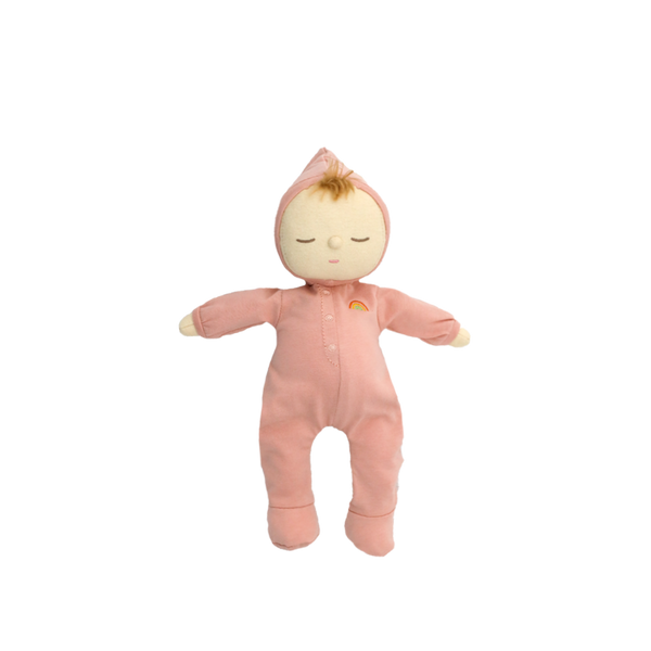 Dozy Dinkums Moppet soft doll in a pink hooded sleepsuit with closed eyes a gentle smile and a tiny rainbow detail for cuddles and imaginative play