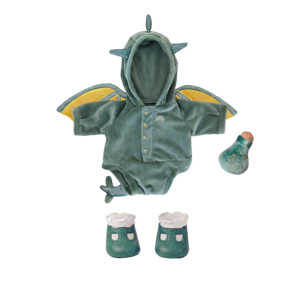 Dinosaur-themed baby outfit with hood, wings, and booties on a white background
