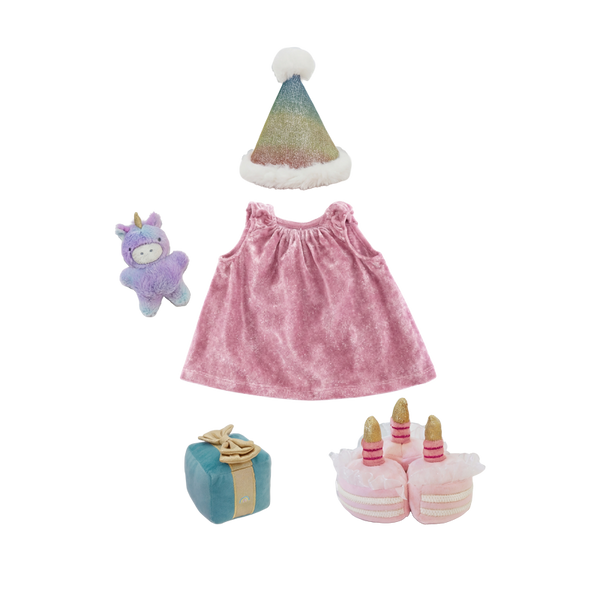 Dinkum Dolls birthday set with a pink velvet dress party hat plush unicorn magnetic cake with candles and a wrapped present for imaginative doll play