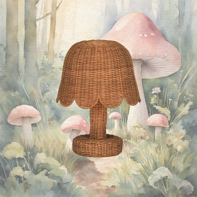Natural rattan table lamp with a scalloped petal shade and round base displayed against a whimsical mushroom forest backdrop for a cozy nursery or playroom glow