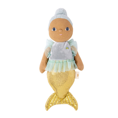 A mermaid-themed plush doll toy with a brown face and arms, a light blue beanie, a mint green top, and a glittery gold mermaid tail, shown on a plain white background.