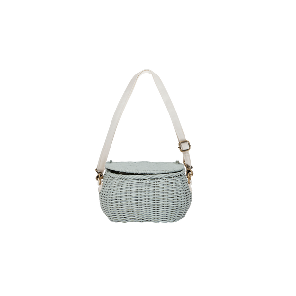 Vintage blue woven rattan mini bag with a cream adjustable shoulder strap by Olli Ella for imaginative play and everyday adventures