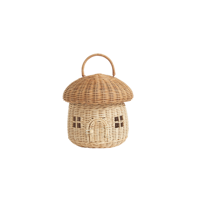 Natural rattan mushroom basket with a domed lid arched handle and tiny opening door from Olli Ella Kids Rattan for imaginative play and storage