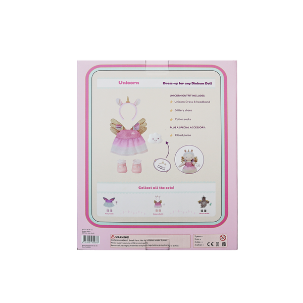 Unicorn-themed dress-up set packaging with illustrations and text on a pink background