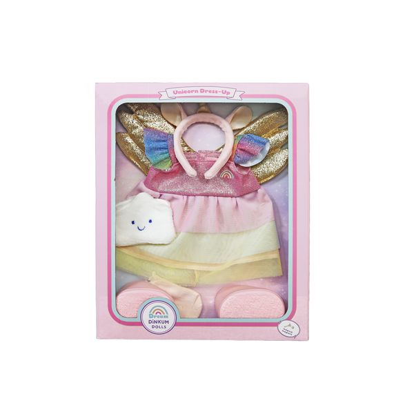 Toy set packaging with a pink dress, rainbow accessories, and cloud-shaped plush toy.