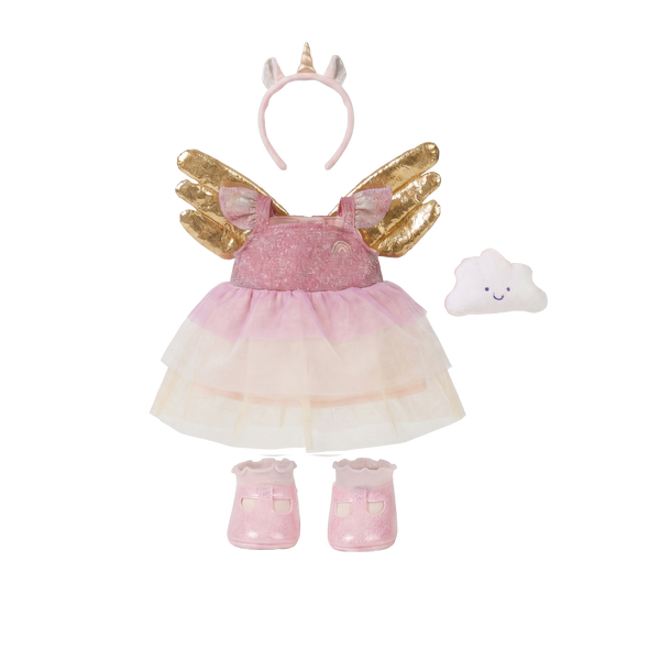 Pink fairy costume set with wings, headband, and shoes on a white background