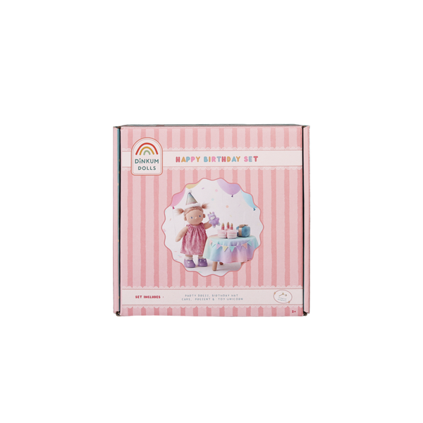 Dinkum Dolls Happy Birthday set packaging with a striped design and doll illustration on a white background.