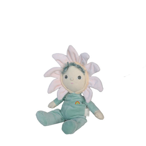 Plush toy resembling a baby with flower-like design on a white background