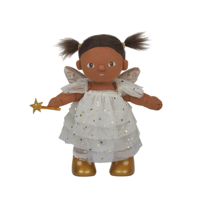 doll wearing white and gold fairy costume