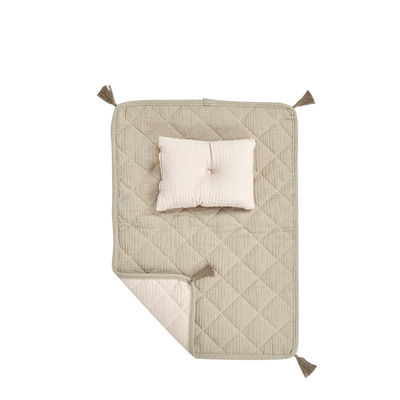 Organic cotton muslin strolley bedding set in seafoam with a quilted mattress and small pillow for Dinkum Dolls by Olli Ella