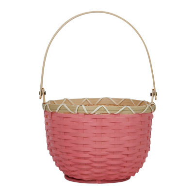 Pink woven bamboo basket with a natural arched handle for collecting toys and treasures from Olli Ella Kids Rattan in Raspberry pink