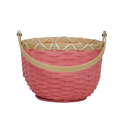 Small raspberry pink woven basket with natural bamboo trim and curved handles for carrying toys dolls and treasured finds by Olli Ella
