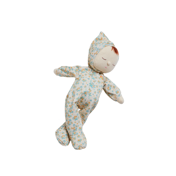 Sleeping Dozy Dinkum doll in a pale blue floral romper and pointed hood by Dinkum Dolls by Olli Ella