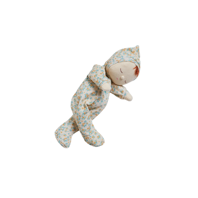 Sleeping Dozy Dinkum doll in a blue floral hooded outfit with a soft tactile design from Dinkum Dolls by Olli Ella