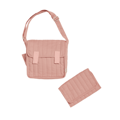 Rose pink doll changing bag with adjustable shoulder strap and matching padded changing mat from Dinkum Dolls