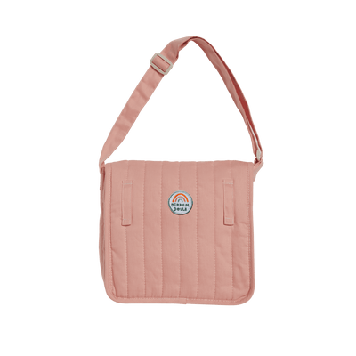 Pink quilted doll changing bag with adjustable shoulder strap and rainbow logo from Dinkum Dolls for imaginative play