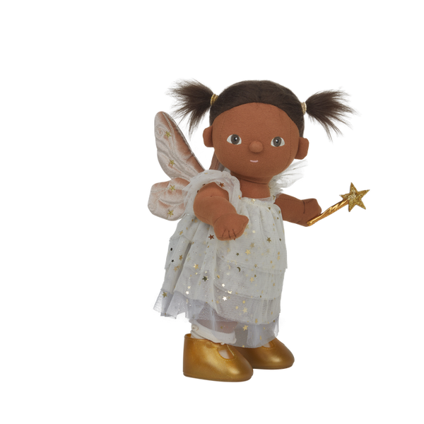 doll wearing white and gold fairy costume