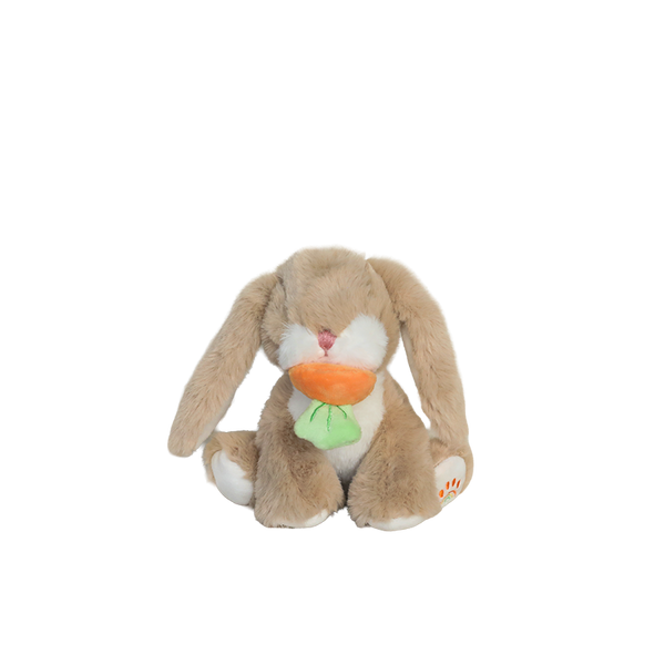 Plush toy rabbit holding a carrot on a white background