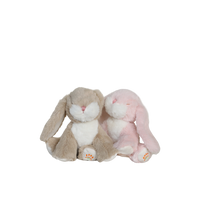 Two plush bunny toys, one brown and one pink, on a white background