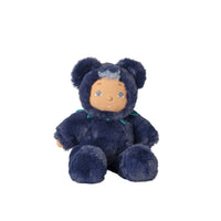 Blueberry Bear plush doll with soft navy fur rounded ears a grey tuft of hair and teal collar by Dinkum Dolls by Olli Ella