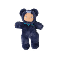 Blueberry Bear plush doll in a soft navy bear suit with rounded ears and a blue bow by Dinkum Dolls by Olli Ella
