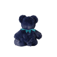 Back view of a soft navy blue bear plush toy wearing a teal leaf collar from Dinkum Dolls by Olli Ella for imaginative play