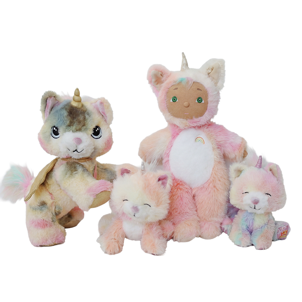 Set of plush toys with unicorn and cat designs on a white background