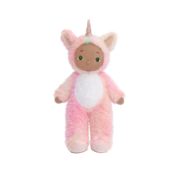 Plush toy in a pink unicorn costume on a white background