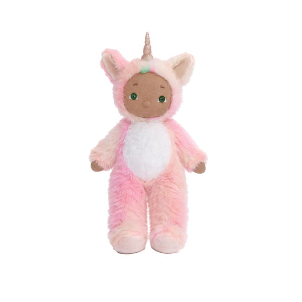 Plush toy in a pink unicorn costume on a white background
