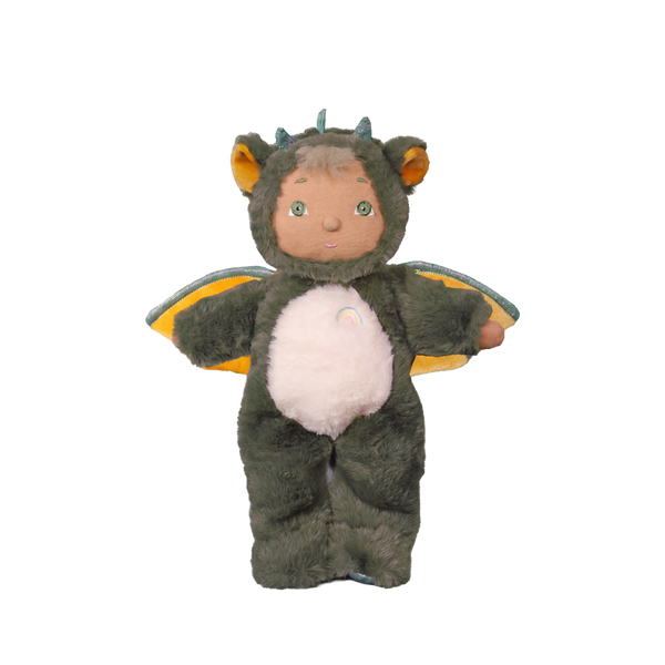 Plush toy dragon with a white belly on a white background