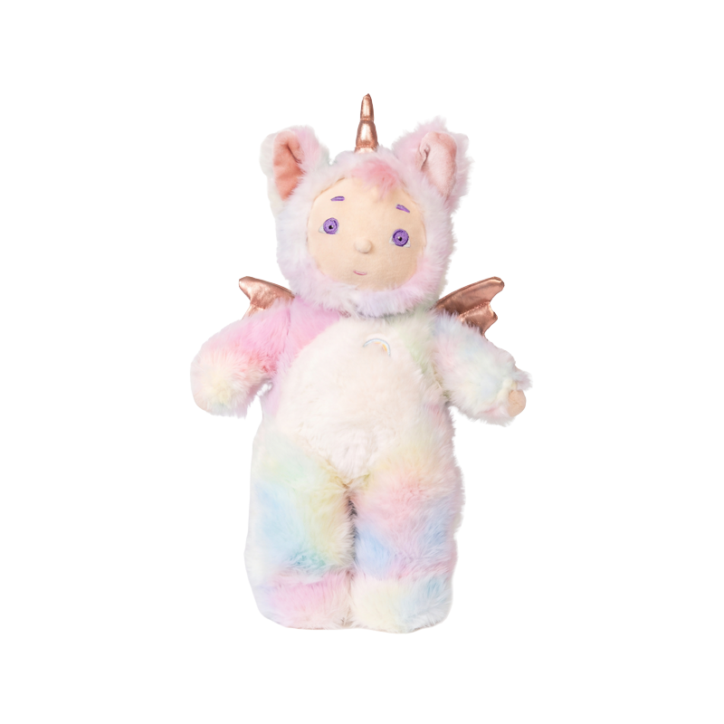 Cozy Dinkums pastel unicorn plush doll with a soft rainbow body pink wings and a golden horn designed for imaginative play and cuddles