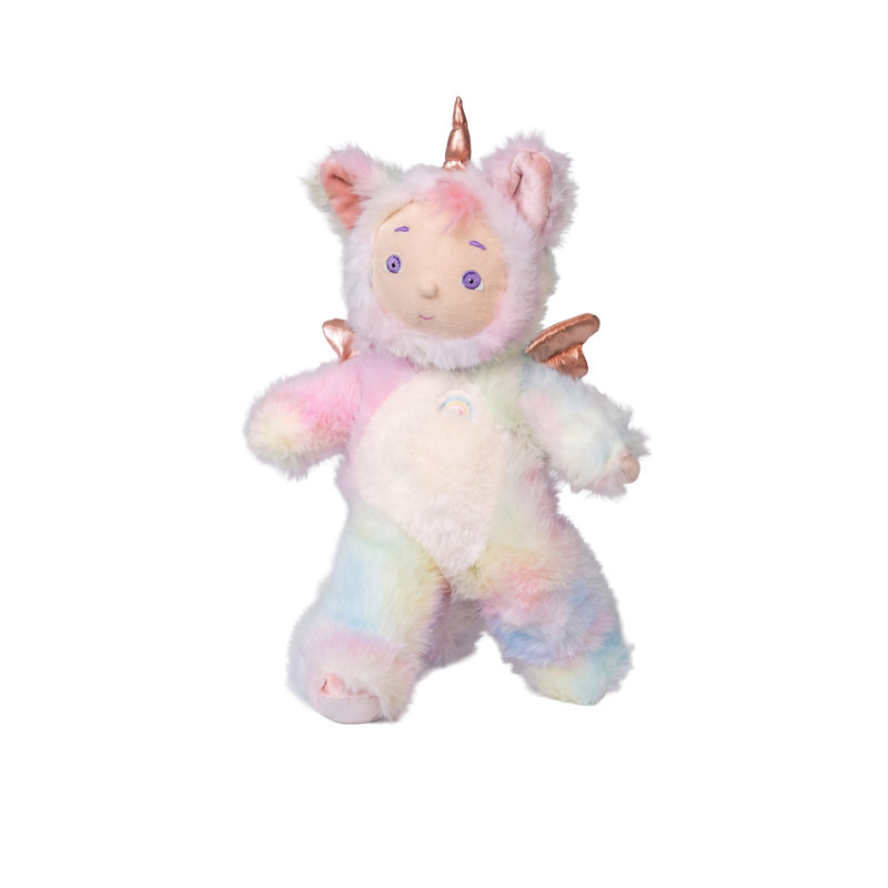 Cozy Dinkums pastel unicorn plush doll with soft rainbow fur copper horn and wings for imaginative play and cuddly comfort