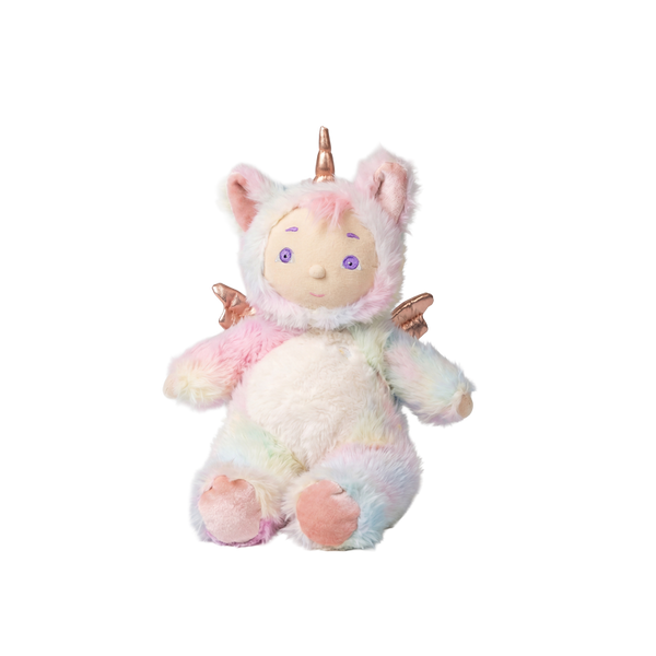 Pastel-colored unicorn plush toy on a white background
