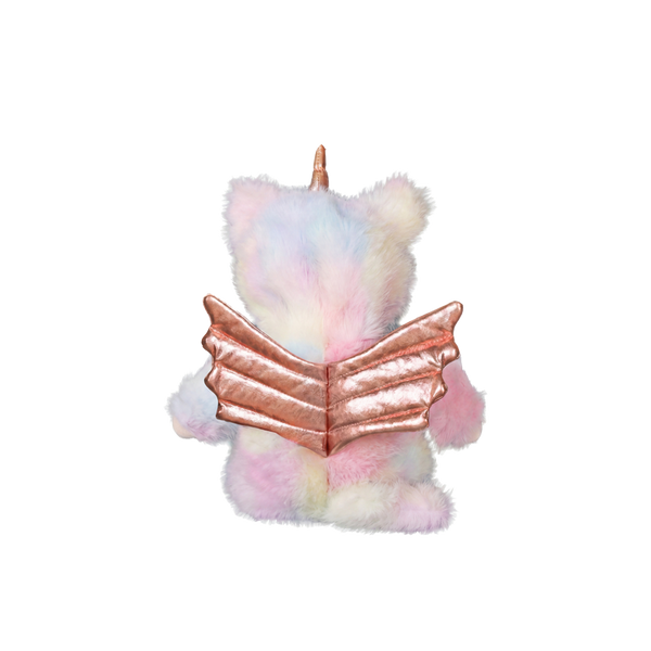 Plush toy unicorn with rainbow-colored body and rose gold wings on a white background