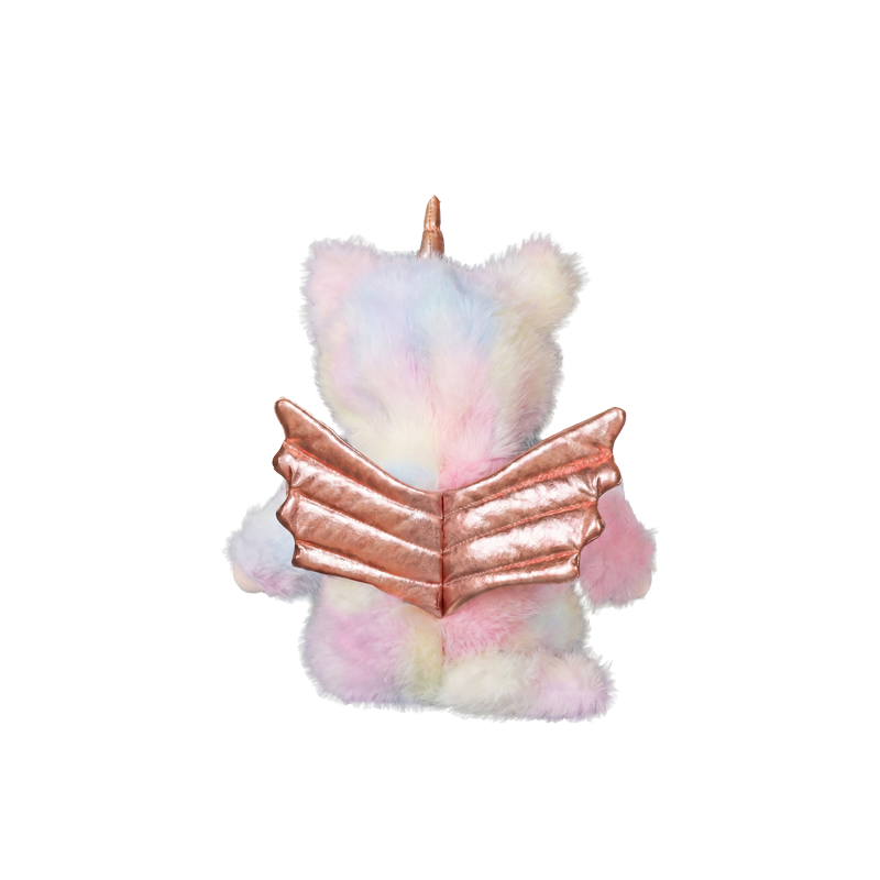 Pastel unicorn plush doll viewed from behind with soft rainbow fur and shimmering rose gold quilted wings Cozy Dinkums soft toy