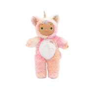 Plush toy in a pink unicorn costume on a white background
