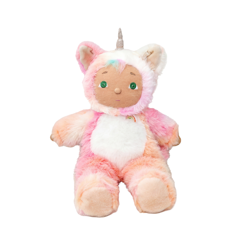 Pink and white plush kittycorn soft toy with a horn and green eyes designed for cuddles and imaginative play by Cozy Day Dinkums