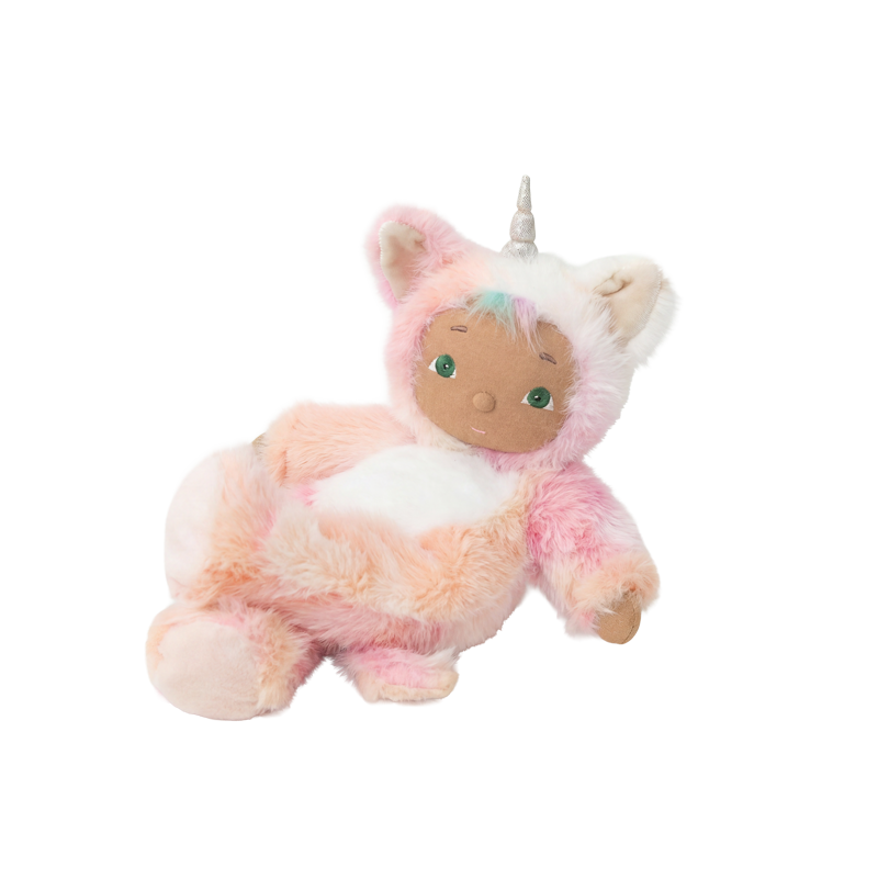 Pink and cream Kittycorn plush toy with a soft fuzzy body green eyes and a small horn Cozy Day Dinkums cuddly companion for imaginative play